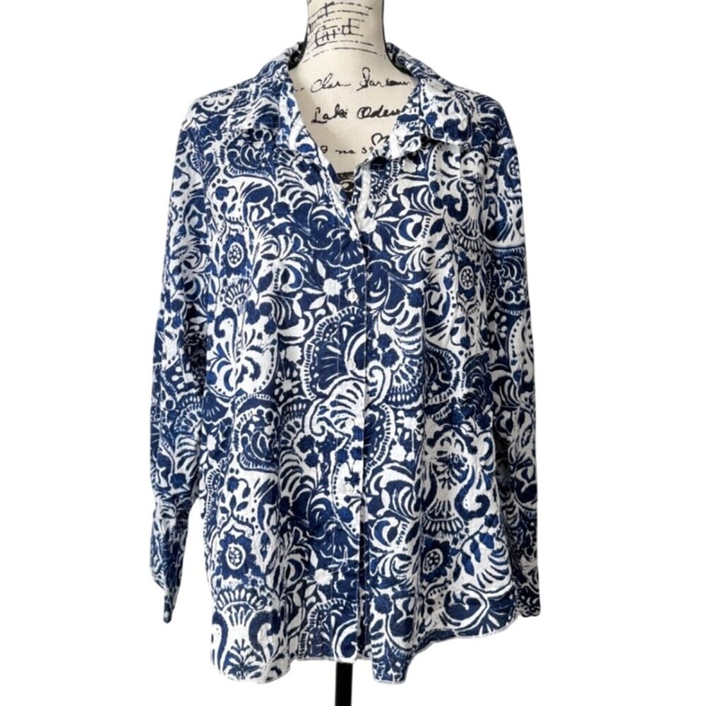 Tulip Womens Size XL Top Button-Up Blue White Shirt Cotton Long Sleeve